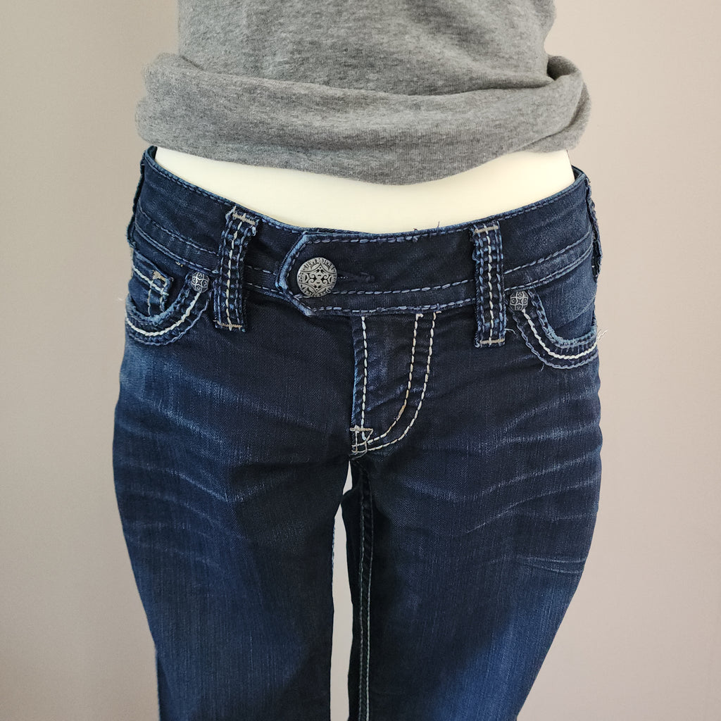 Y2K Silver Jeans Low Rise Dark Wash Embroidered Bootcut Denim Jeans