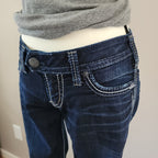 Y2K Silver Jeans Low Rise Dark Wash Embroidered Bootcut Denim Jeans
