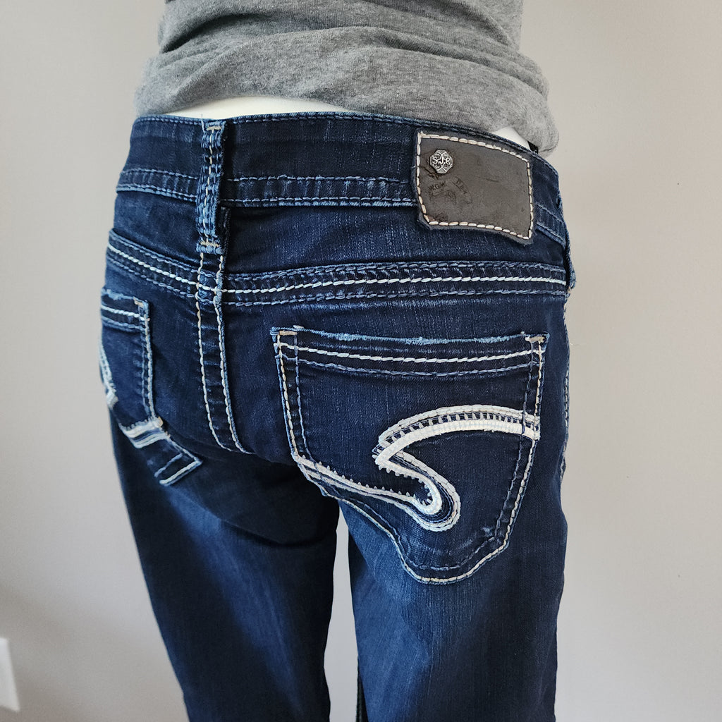 Y2K Silver Jeans Low Rise Dark Wash Embroidered Bootcut Denim Jeans