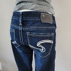 Y2K Silver Jeans Low Rise Dark Wash Embroidered Bootcut Denim Jeans