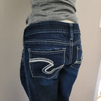 Y2K Silver Jeans Low Rise Dark Wash Embroidered Bootcut Denim Jeans