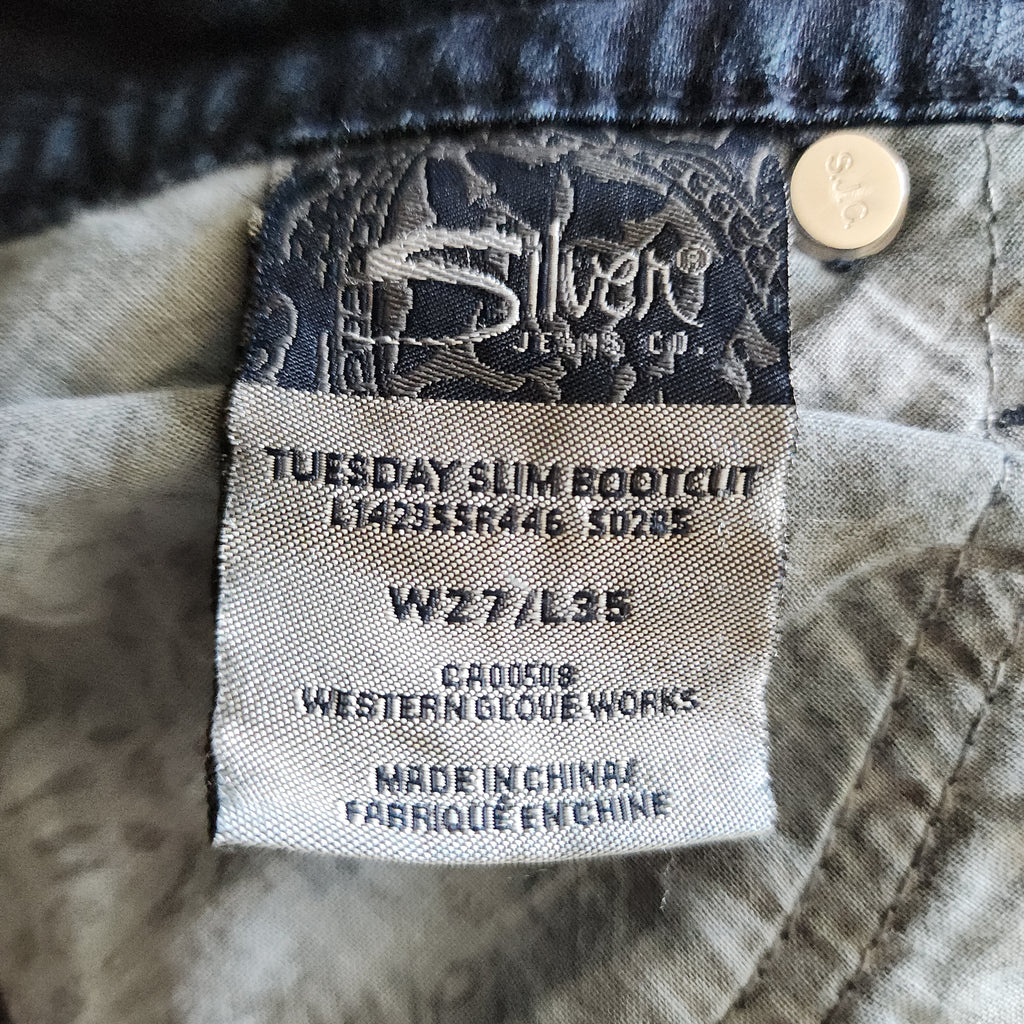 Y2K Silver Jeans Low Rise Dark Wash Embroidered Bootcut Denim Jeans