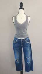 Y2K Miss Me Low Rise Dark Wash Blue Denim Distressed Bedazzled Capris