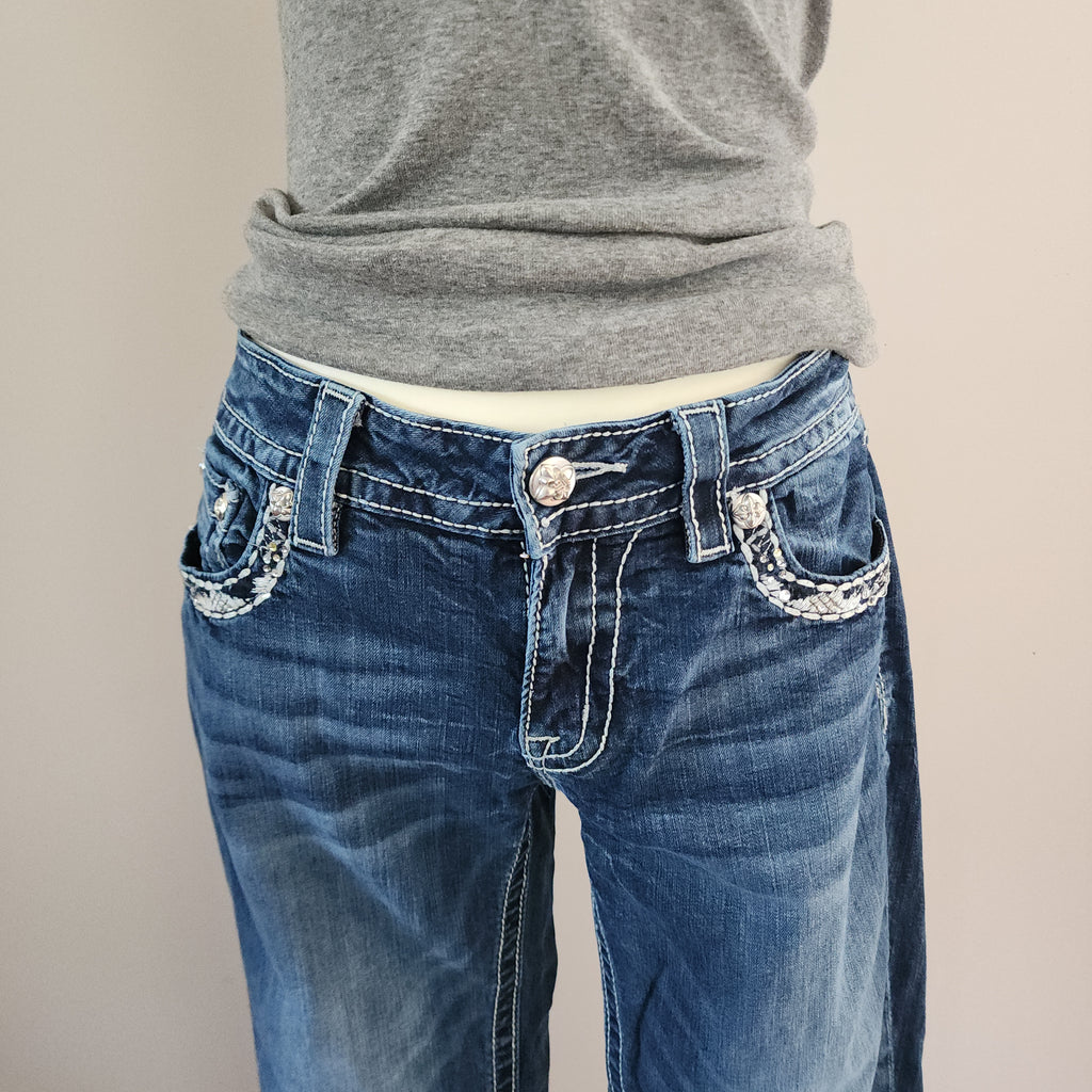 Y2K Miss Me Low Rise Dark Wash Blue Denim Distressed Bedazzled Capris