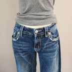 Y2K Miss Me Low Rise Dark Wash Blue Denim Distressed Bedazzled Capris
