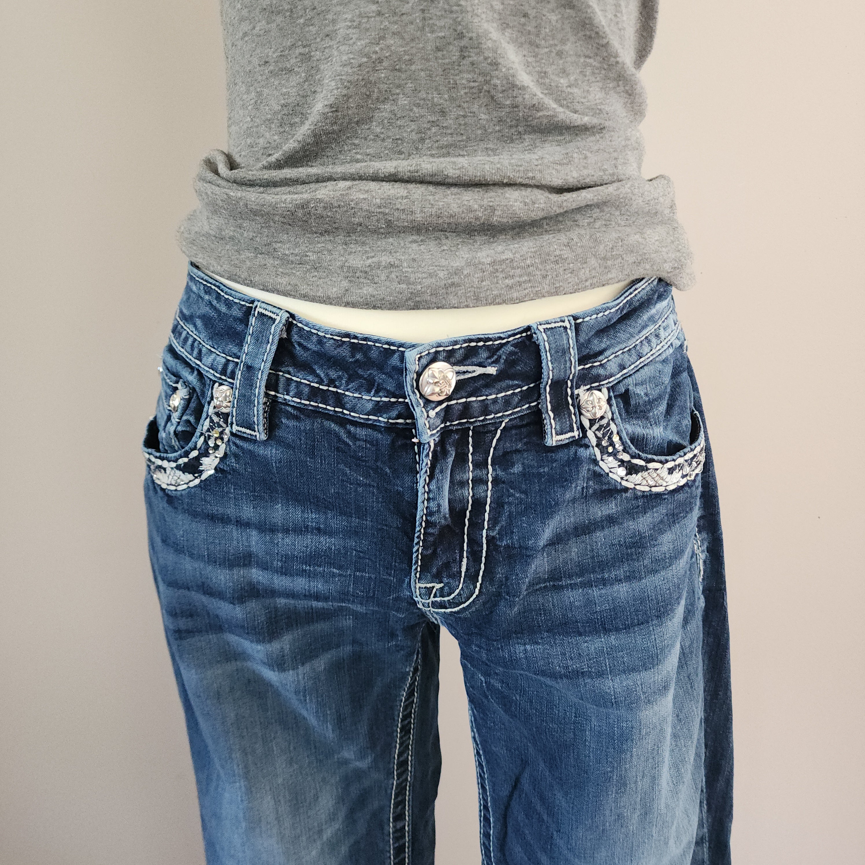 Y2K Miss Me Low Rise Dark Wash Blue Denim Distressed Bedazzled Capris