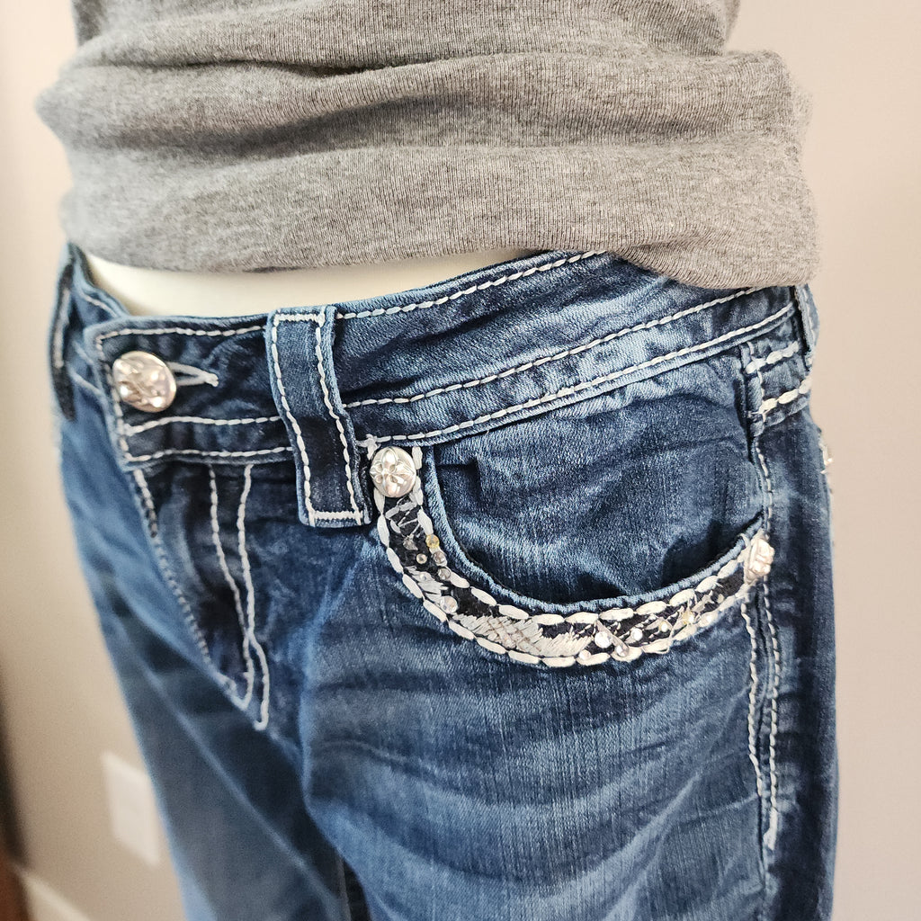 Y2K Miss Me Low Rise Dark Wash Blue Denim Distressed Bedazzled Capris