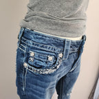Y2K Miss Me Low Rise Dark Wash Blue Denim Distressed Bedazzled Capris