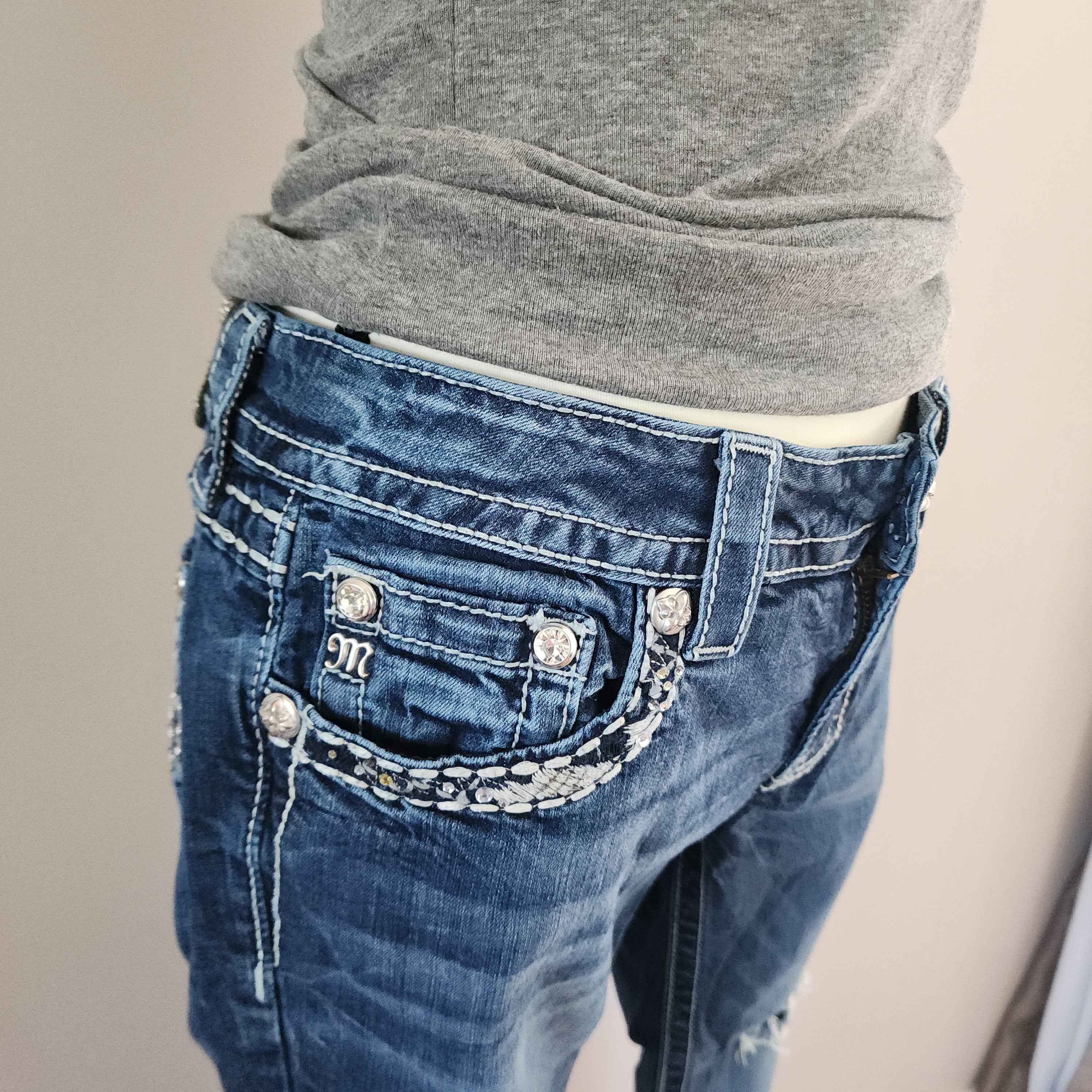 Y2K Miss Me Low Rise Dark Wash Blue Denim Distressed Bedazzled Capris