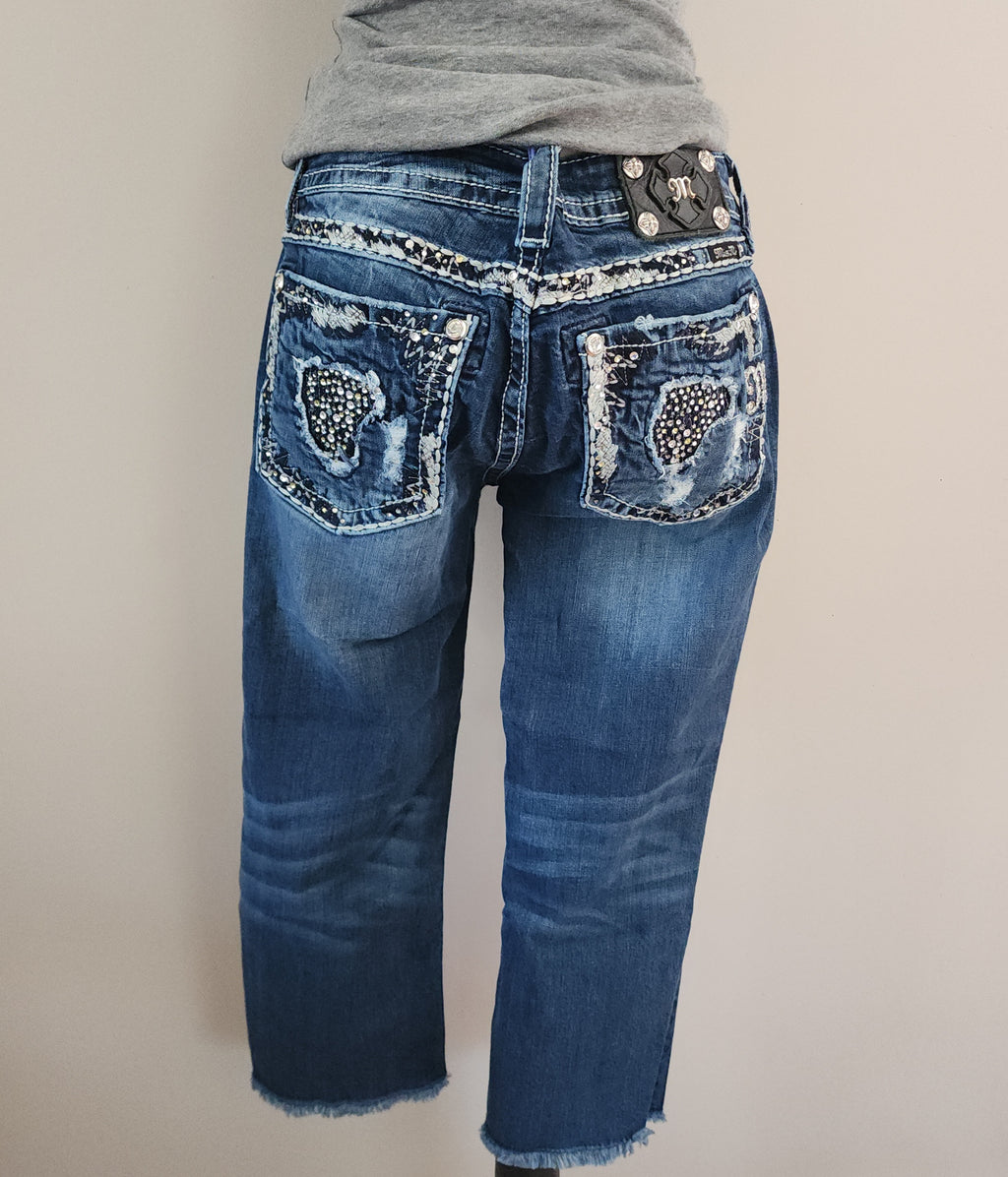 Y2K Miss Me Low Rise Dark Wash Blue Denim Distressed Bedazzled Capris