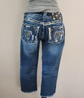Y2K Miss Me Low Rise Dark Wash Blue Denim Distressed Bedazzled Capris