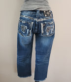 Y2K Miss Me Low Rise Dark Wash Blue Denim Distressed Bedazzled Capris