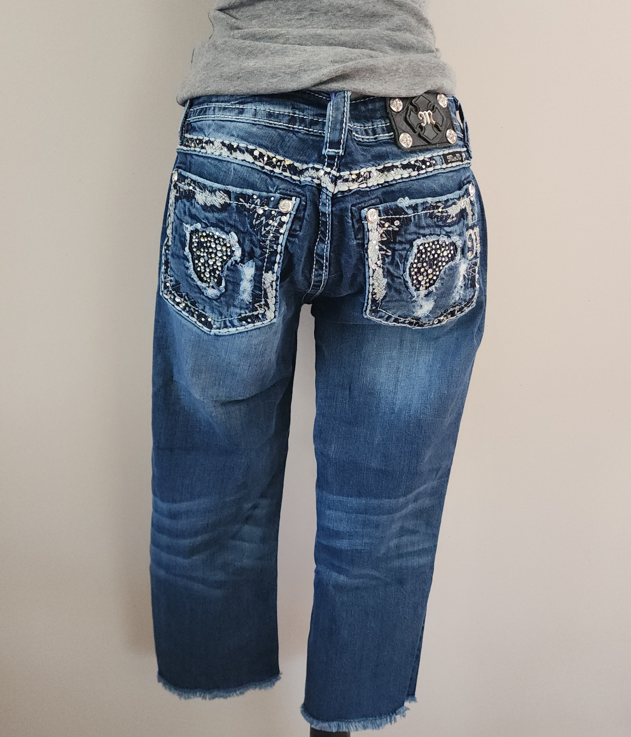Y2K Miss Me Low Rise Dark Wash Blue Denim Distressed Bedazzled Capris