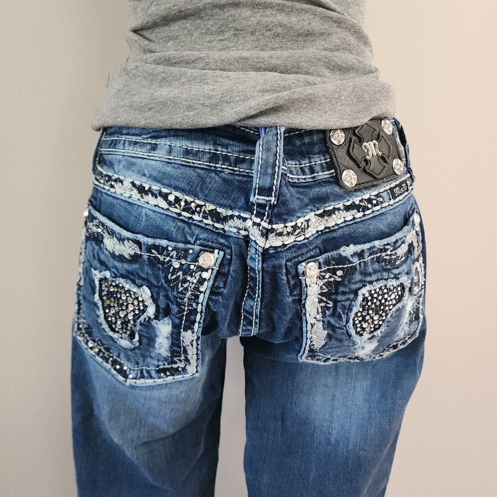 Y2K Miss Me Low Rise Dark Wash Blue Denim Distressed Bedazzled Capris