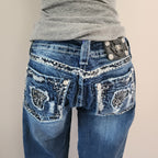 Y2K Miss Me Low Rise Dark Wash Blue Denim Distressed Bedazzled Capris