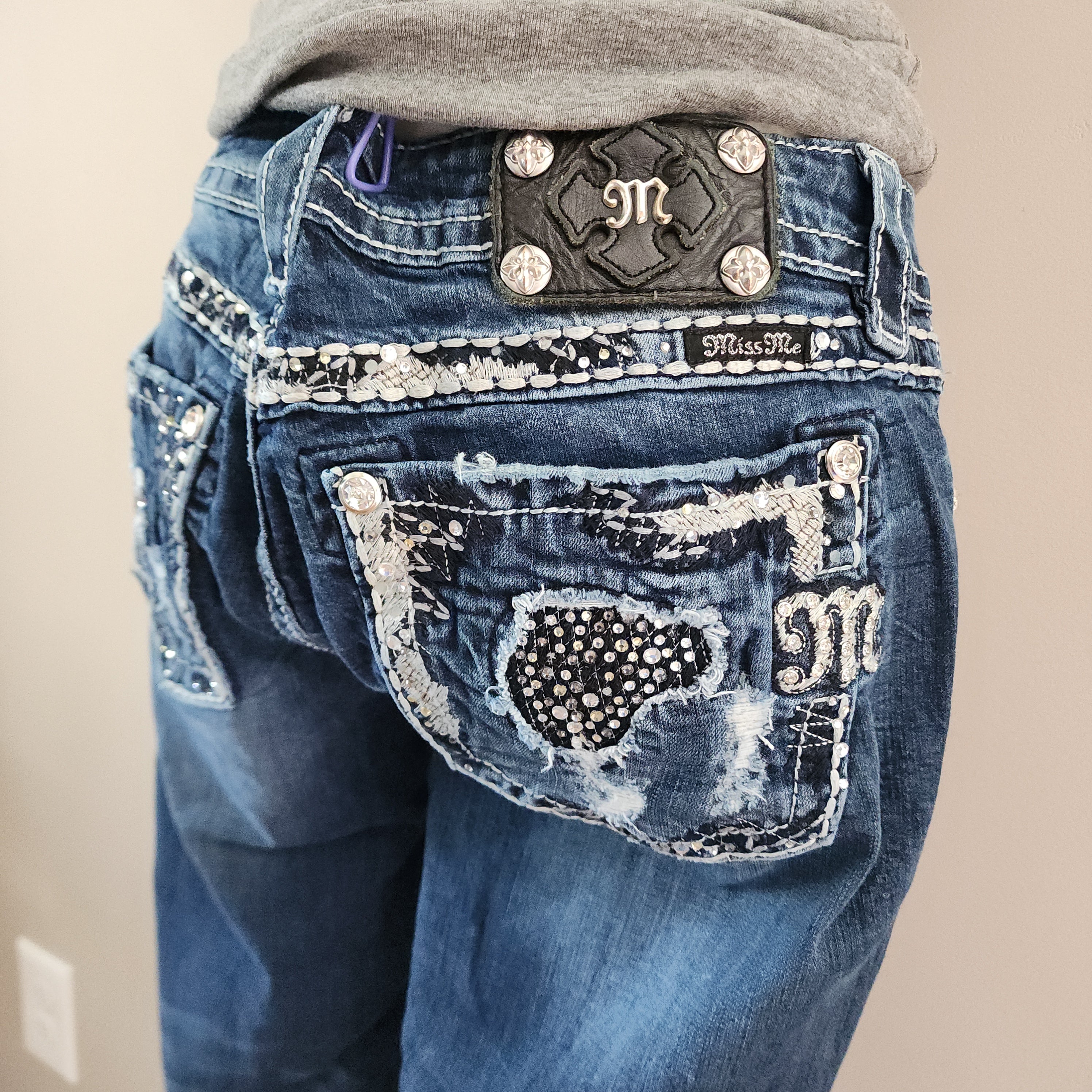 Y2K Miss Me Low Rise Dark Wash Blue Denim Distressed Bedazzled Capris