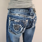 Y2K Miss Me Low Rise Dark Wash Blue Denim Distressed Bedazzled Capris