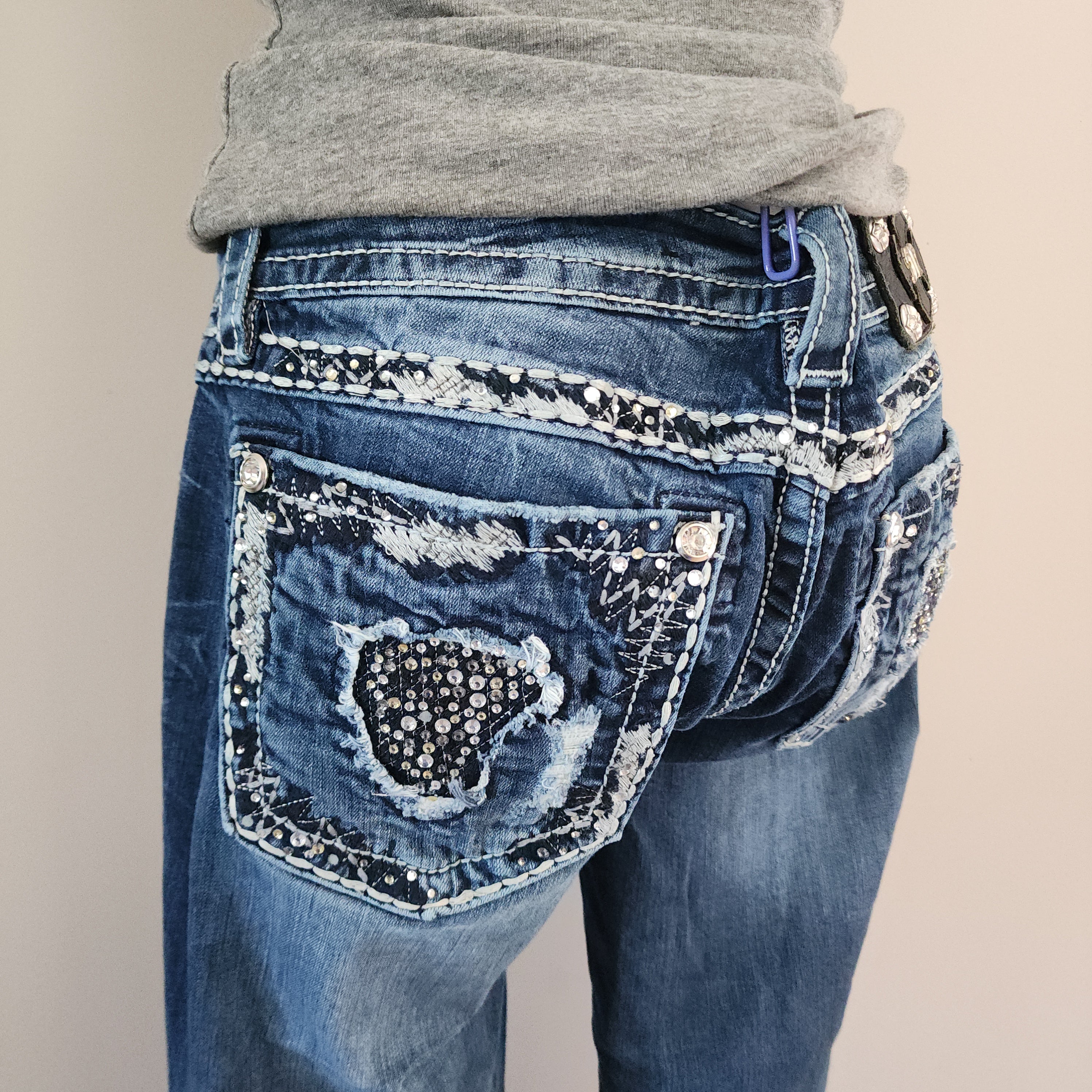 Y2K Miss Me Low Rise Dark Wash Blue Denim Distressed Bedazzled Capris