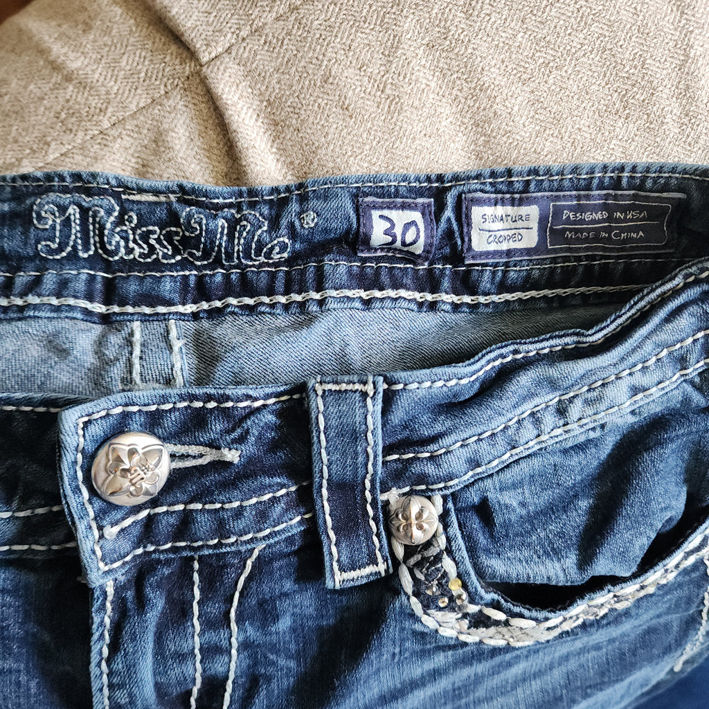 Y2K Miss Me Low Rise Dark Wash Blue Denim Distressed Bedazzled Capris