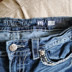 Y2K Miss Me Low Rise Dark Wash Blue Denim Distressed Bedazzled Capris