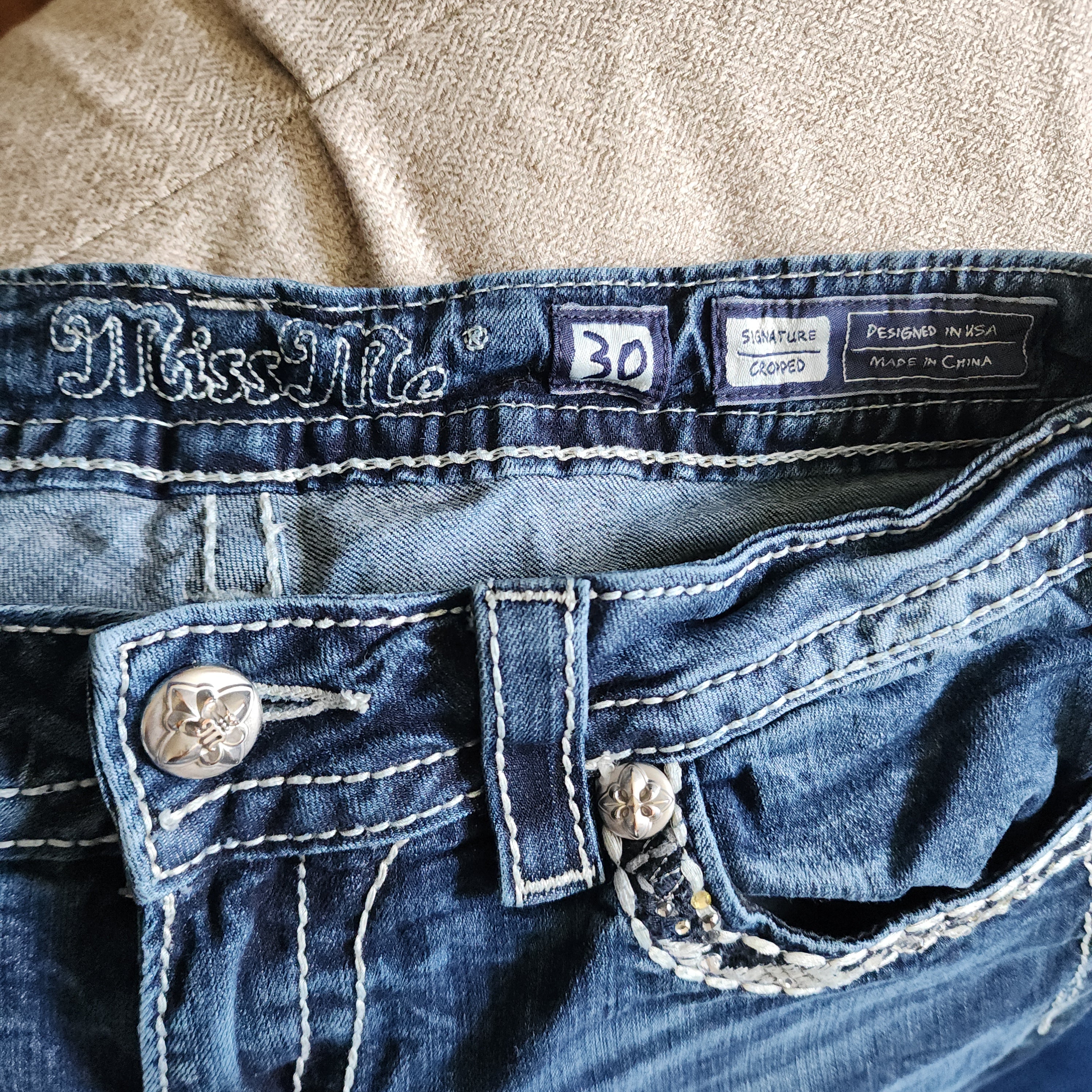 Y2K Miss Me Low Rise Dark Wash Blue Denim Distressed Bedazzled Capris