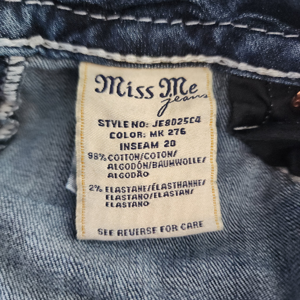 Y2K Miss Me Low Rise Dark Wash Blue Denim Distressed Bedazzled Capris