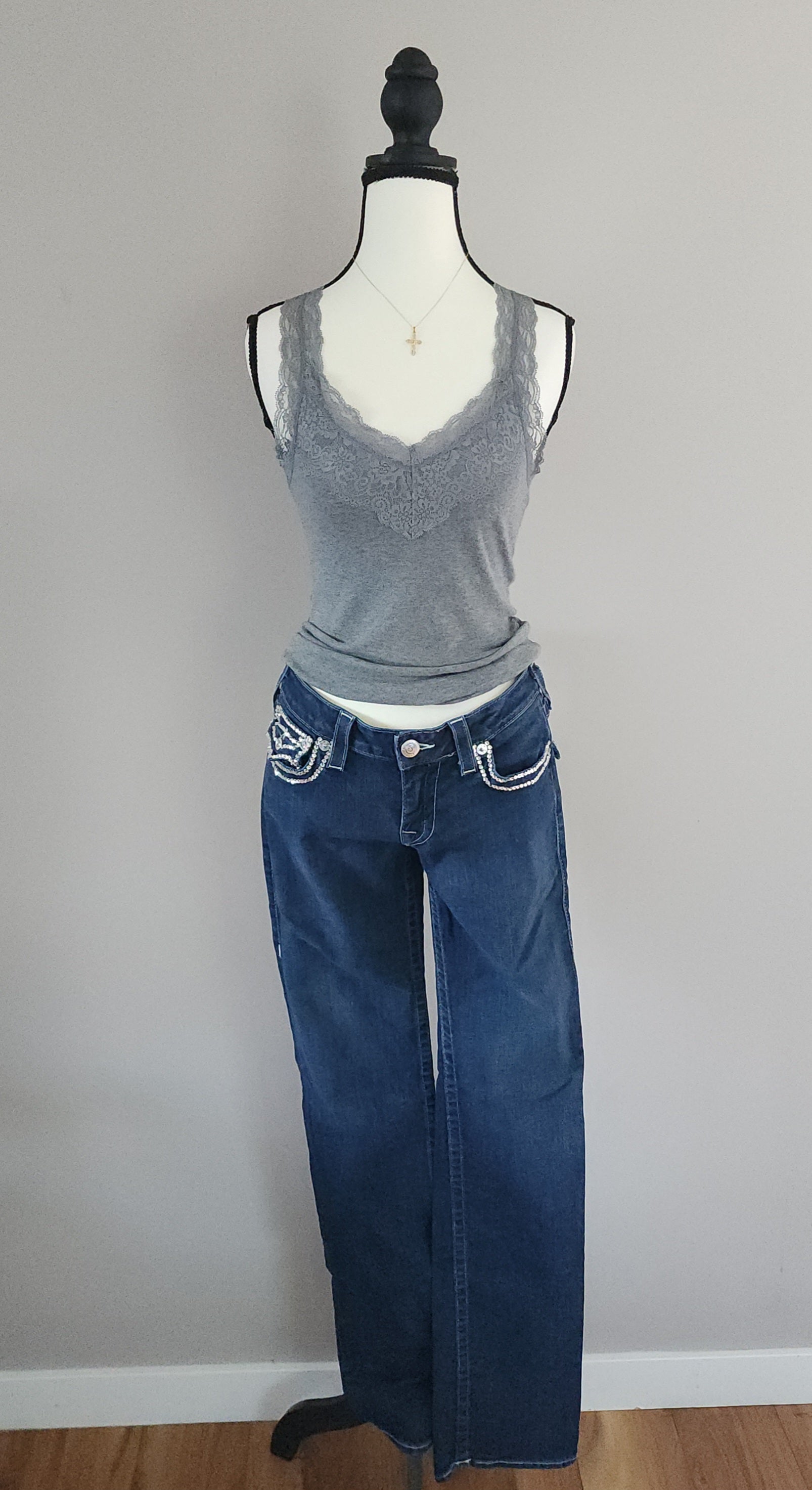 Y2K True Religion Low Rise Dark Wash Blue Embellished Bootcut Denim Jeans