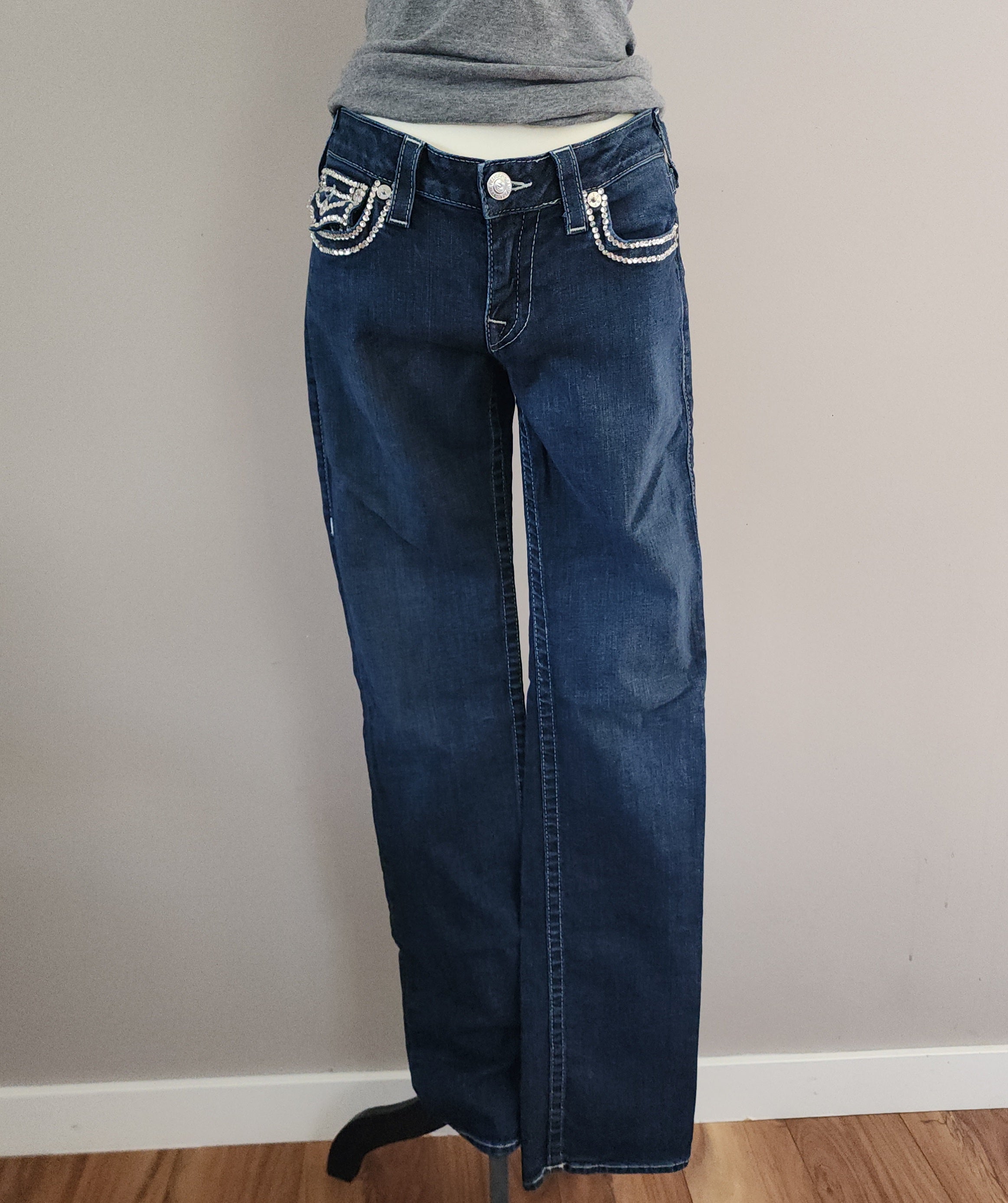 Y2K True Religion Low Rise Dark Wash Blue Embellished Bootcut Denim Jeans