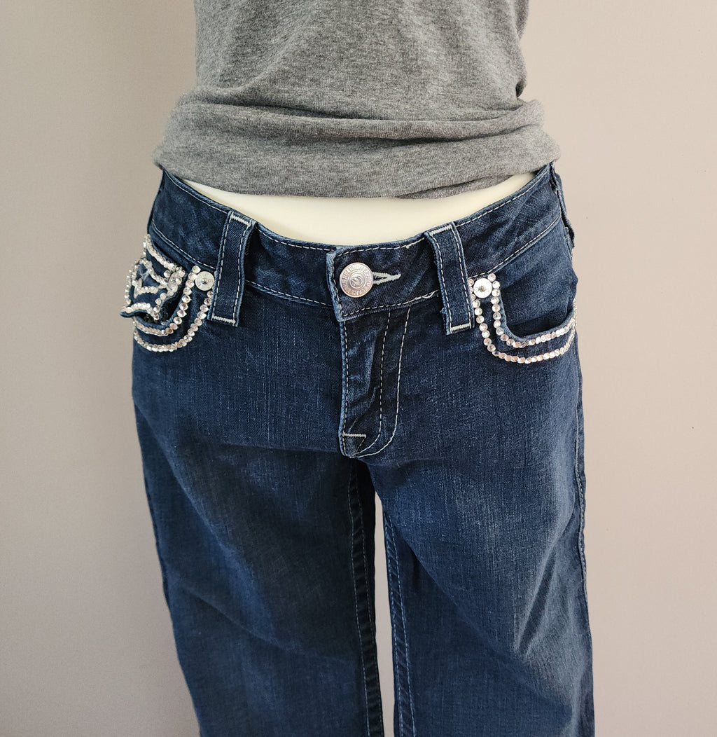 Y2K True Religion Low Rise Dark Wash Blue Embellished Bootcut Denim Jeans