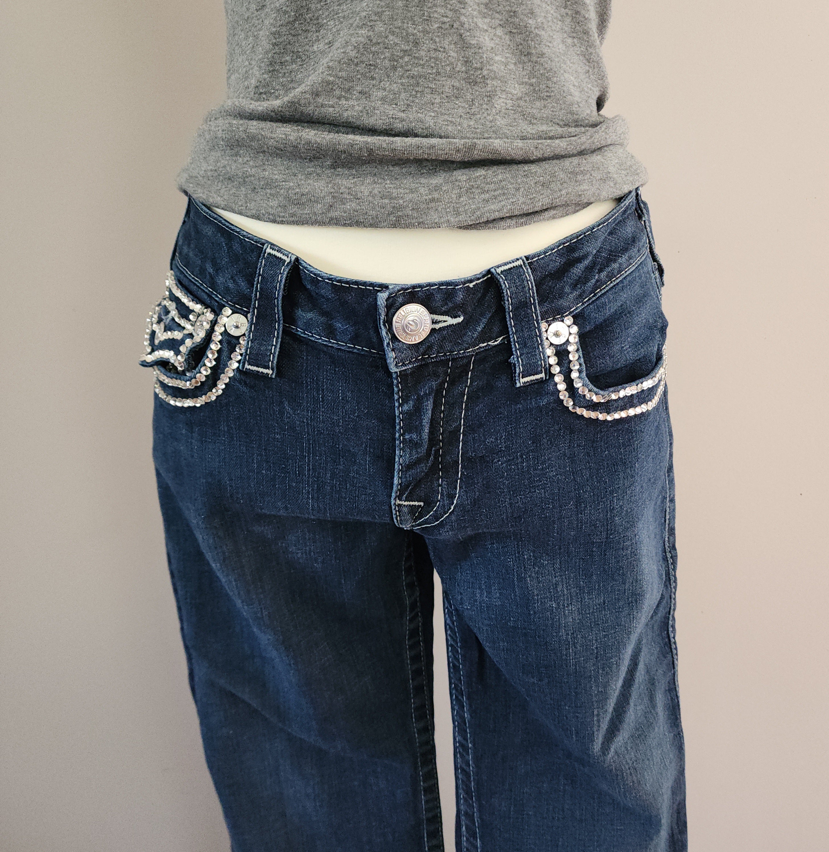 Y2K True Religion Low Rise Dark Wash Blue Embellished Bootcut Denim Jeans