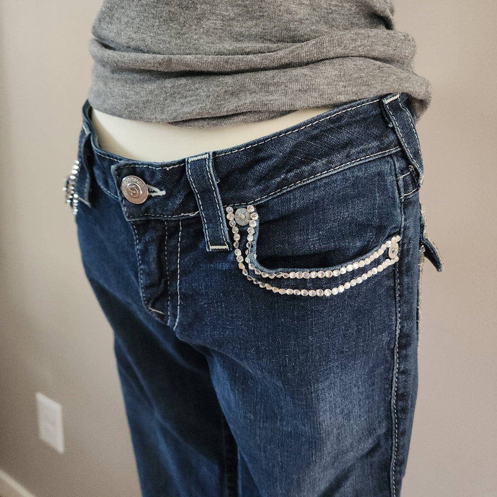 Y2K True Religion Low Rise Dark Wash Blue Embellished Bootcut Denim Jeans