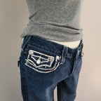 Y2K True Religion Low Rise Dark Wash Blue Embellished Bootcut Denim Jeans