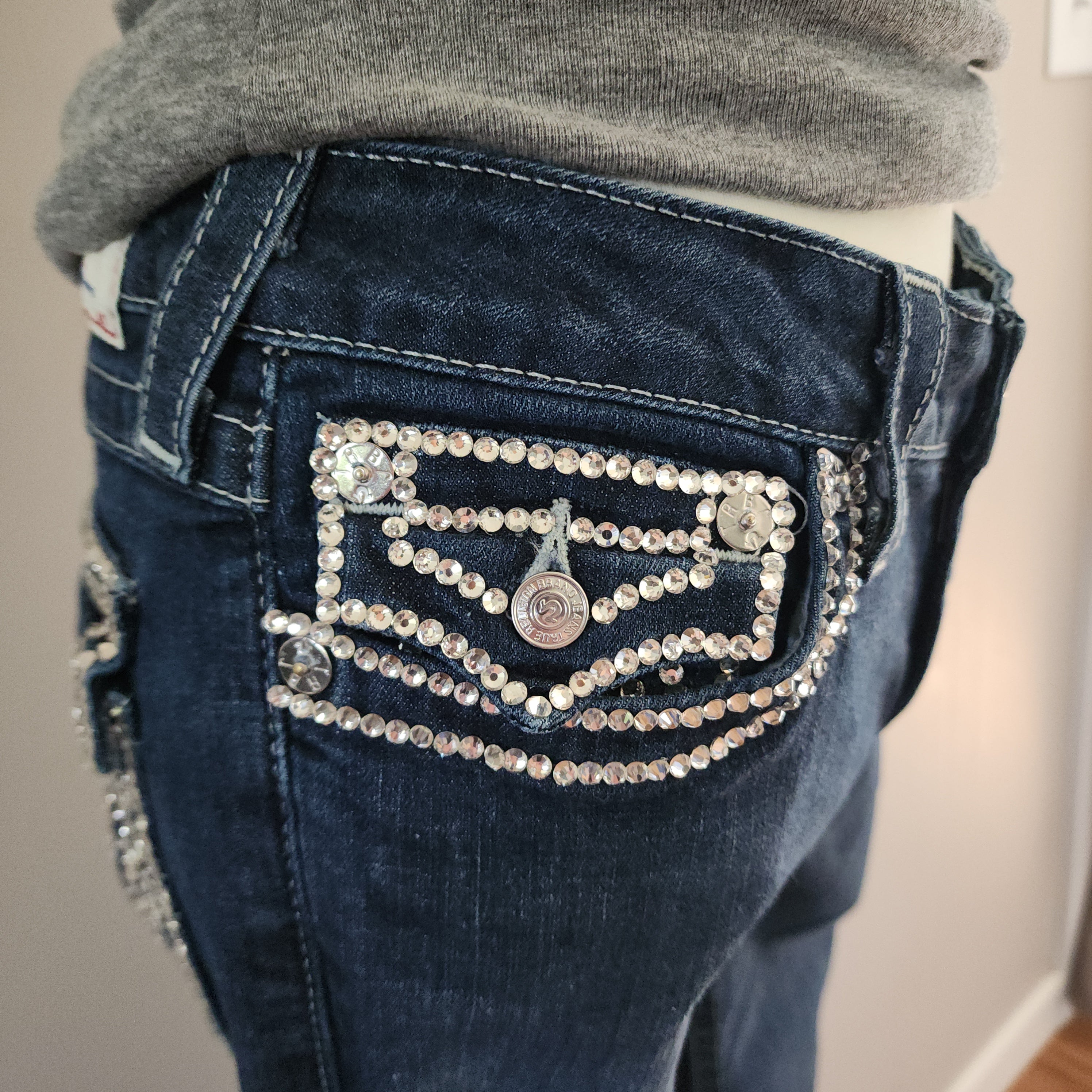 Y2K True Religion Low Rise Dark Wash Blue Embellished Bootcut Denim Jeans