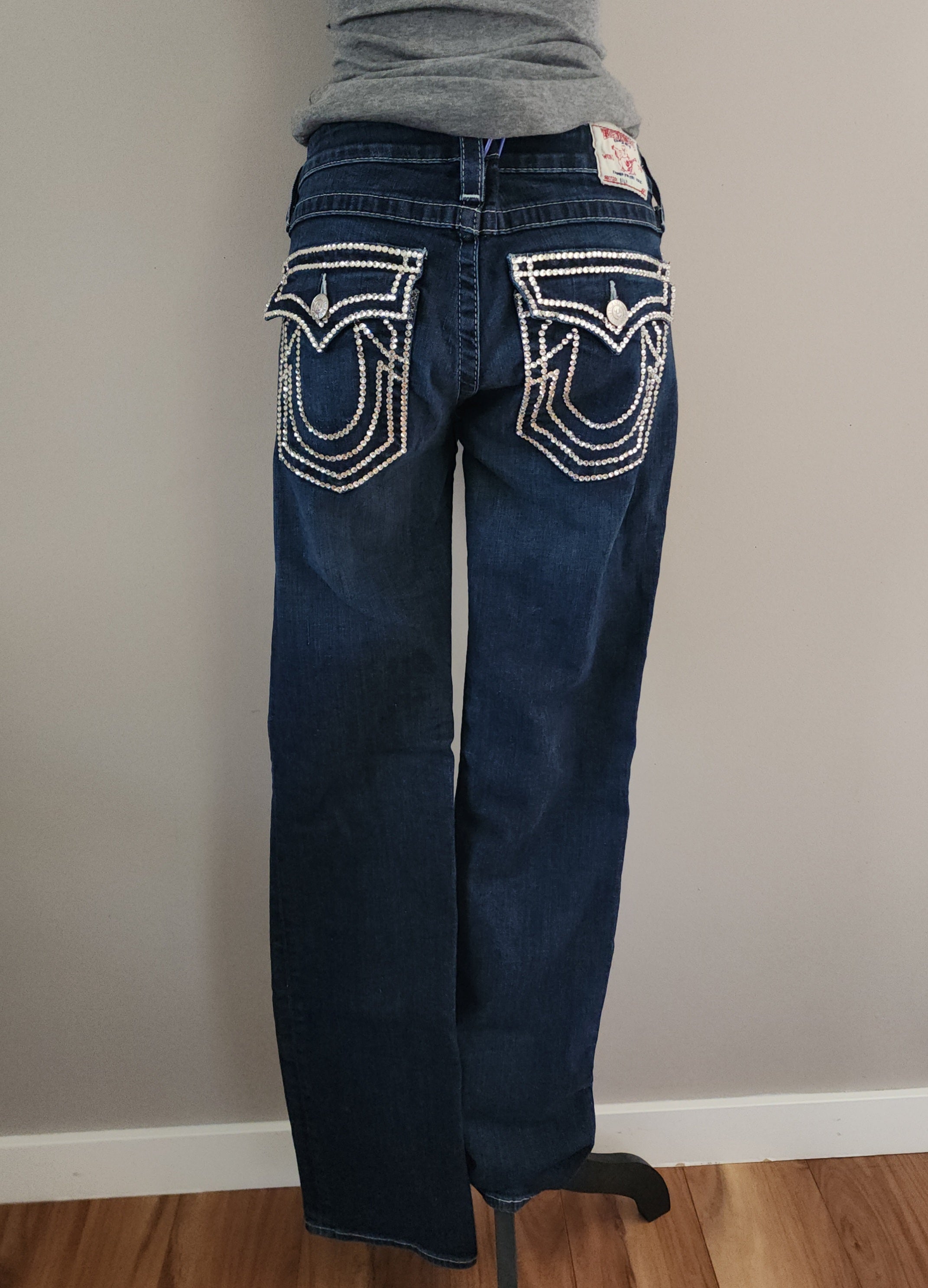Y2K True Religion Low Rise Dark Wash Blue Embellished Bootcut Denim Jeans