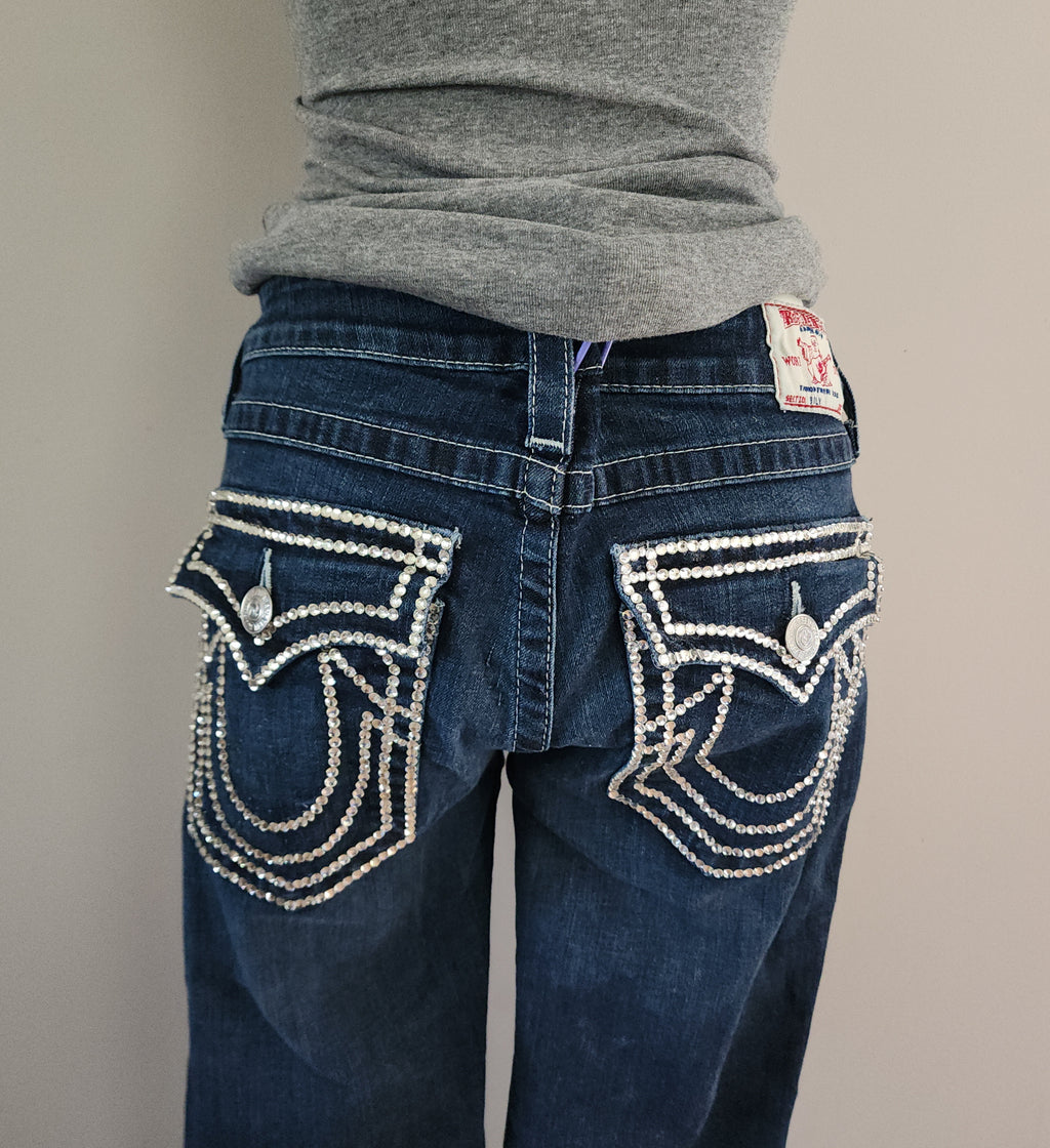 Y2K True Religion Low Rise Dark Wash Blue Embellished Bootcut Denim Jeans