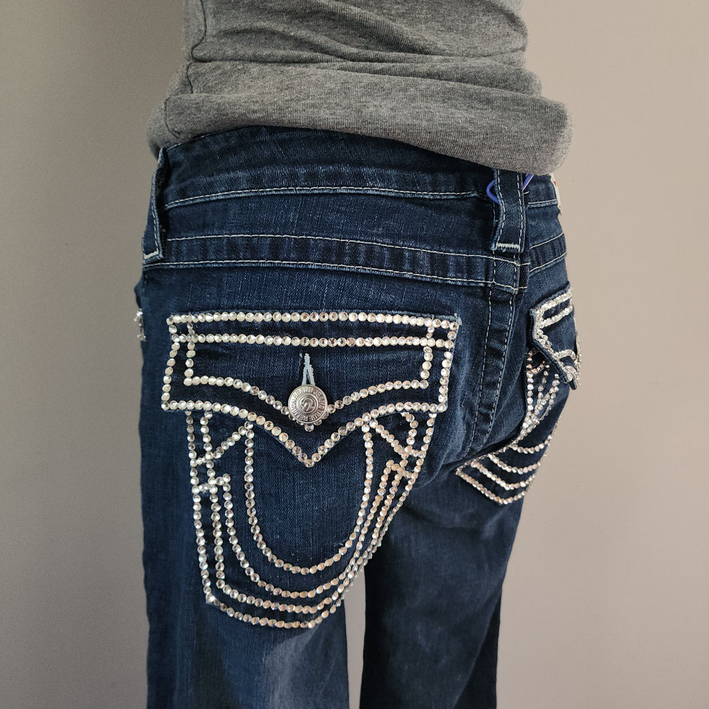 Y2K True Religion Low Rise Dark Wash Blue Embellished Bootcut Denim Jeans