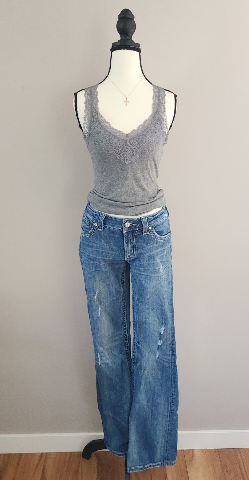 Y2K Miss Me Low Rise Light Wash Distressed Cathedral Embellished Bootcut Denim Jeans