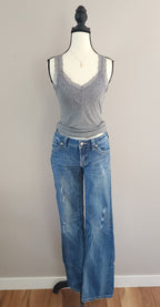 Y2K Miss Me Low Rise Light Wash Distressed Cathedral Embellished Bootcut Denim Jeans