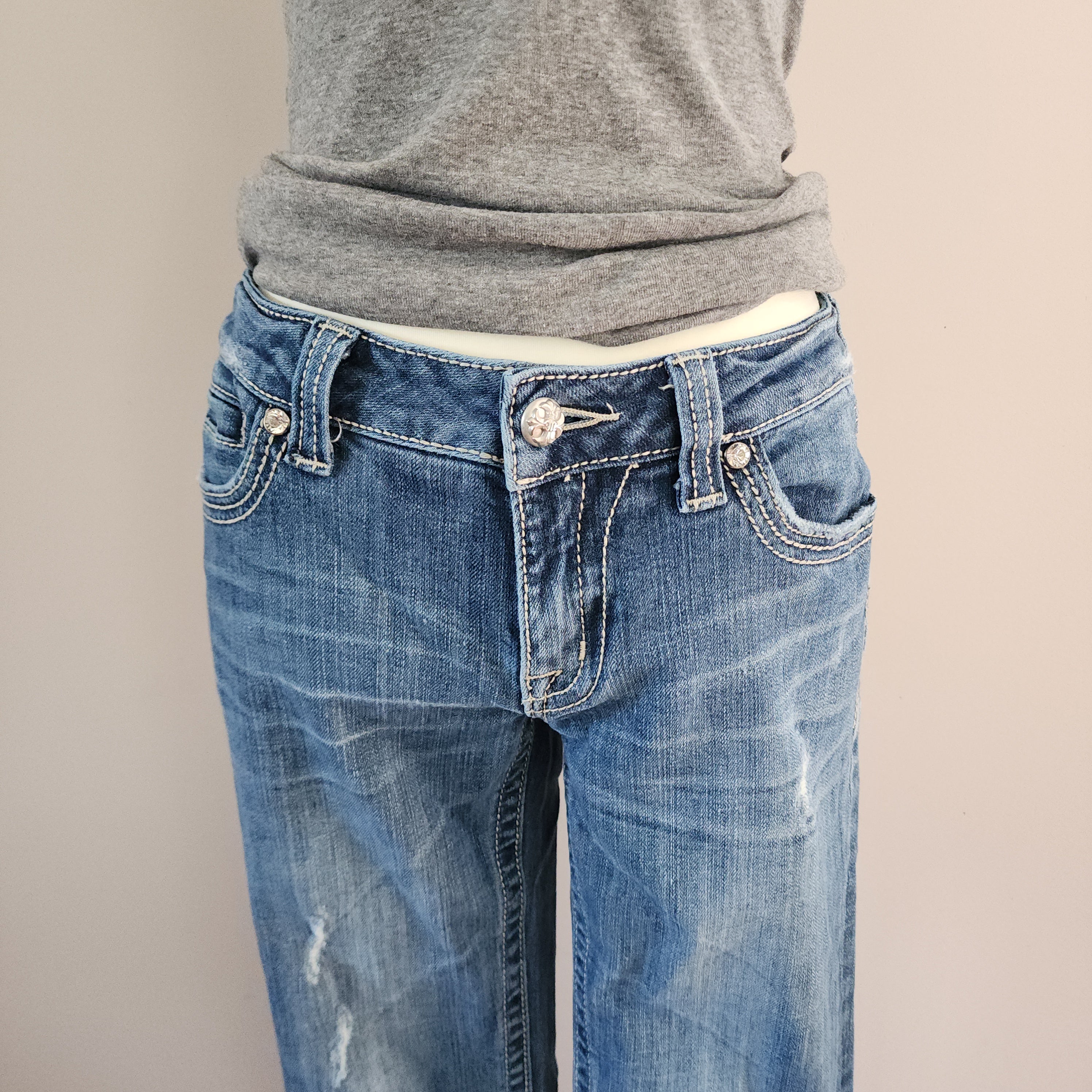 Y2K Miss Me Low Rise Light Wash Distressed Cathedral Embellished Bootcut Denim Jeans