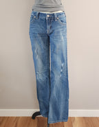 Y2K Miss Me Low Rise Light Wash Distressed Cathedral Embellished Bootcut Denim Jeans