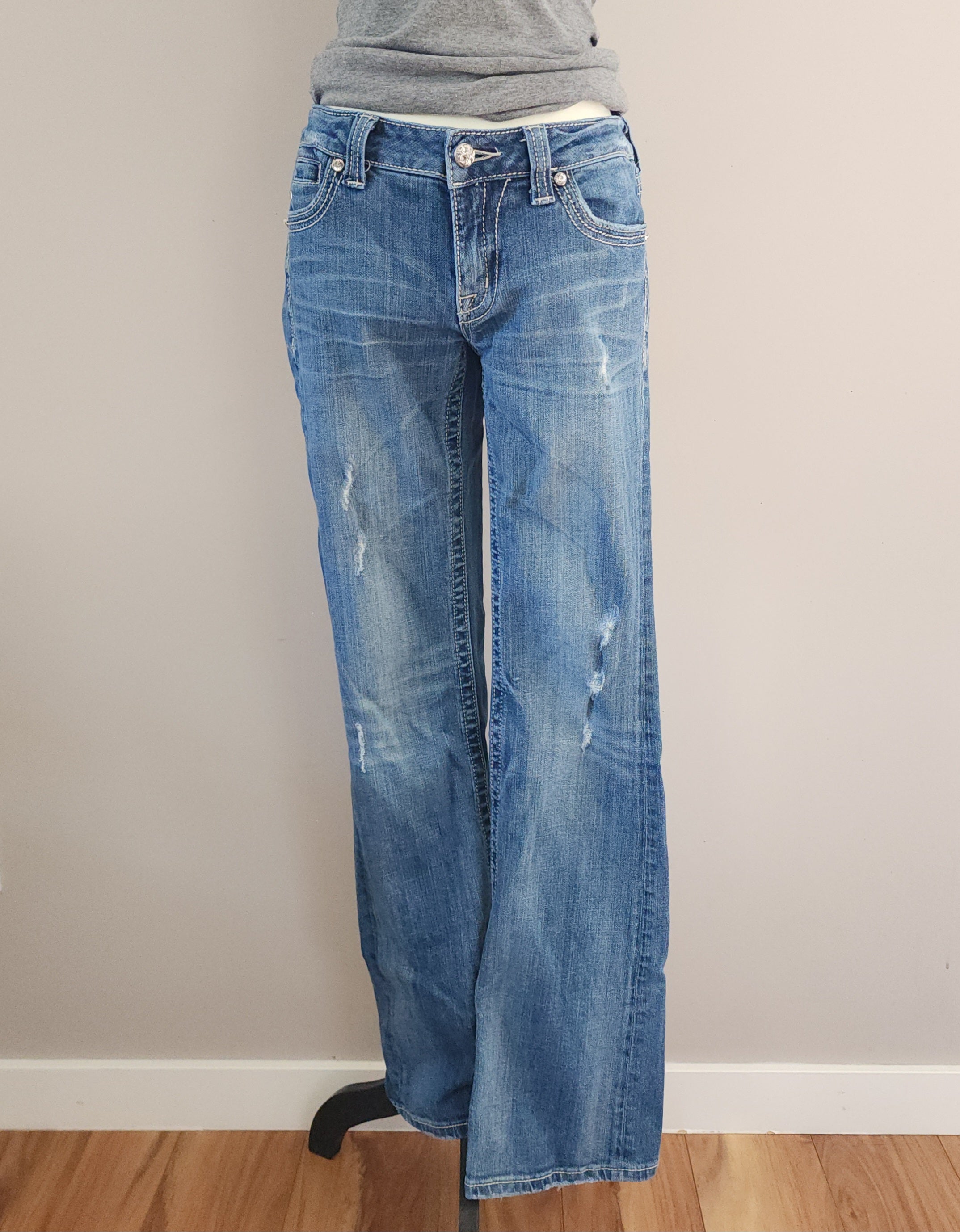 Y2K Miss Me Low Rise Light Wash Distressed Cathedral Embellished Bootcut Denim Jeans