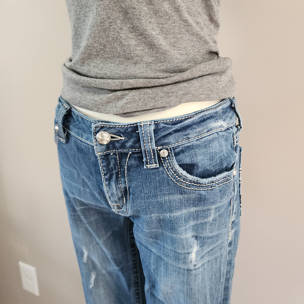 Y2K Miss Me Low Rise Light Wash Distressed Cathedral Embellished Bootcut Denim Jeans