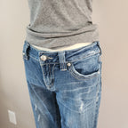 Y2K Miss Me Low Rise Light Wash Distressed Cathedral Embellished Bootcut Denim Jeans