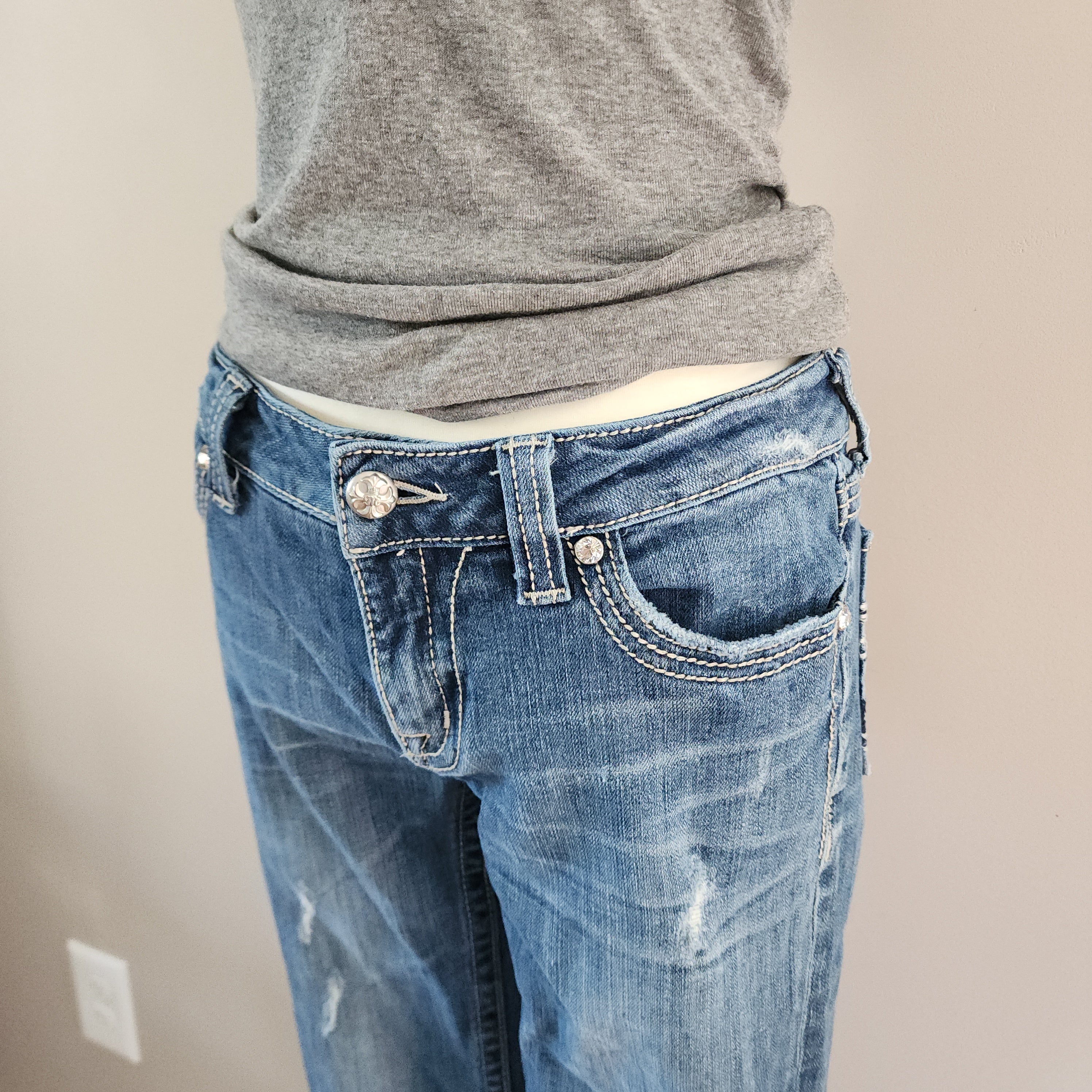 Y2K Miss Me Low Rise Light Wash Distressed Cathedral Embellished Bootcut Denim Jeans