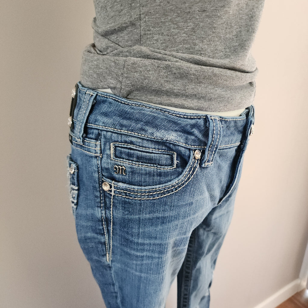 Y2K Miss Me Low Rise Light Wash Distressed Cathedral Embellished Bootcut Denim Jeans