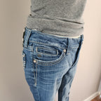 Y2K Miss Me Low Rise Light Wash Distressed Cathedral Embellished Bootcut Denim Jeans