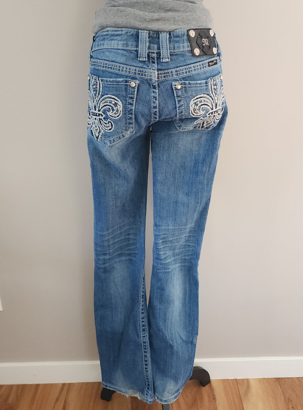 Y2K Miss Me Low Rise Light Wash Distressed Cathedral Embellished Bootcut Denim Jeans