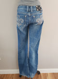 Y2K Miss Me Low Rise Light Wash Distressed Cathedral Embellished Bootcut Denim Jeans