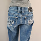 Y2K Miss Me Low Rise Light Wash Distressed Cathedral Embellished Bootcut Denim Jeans