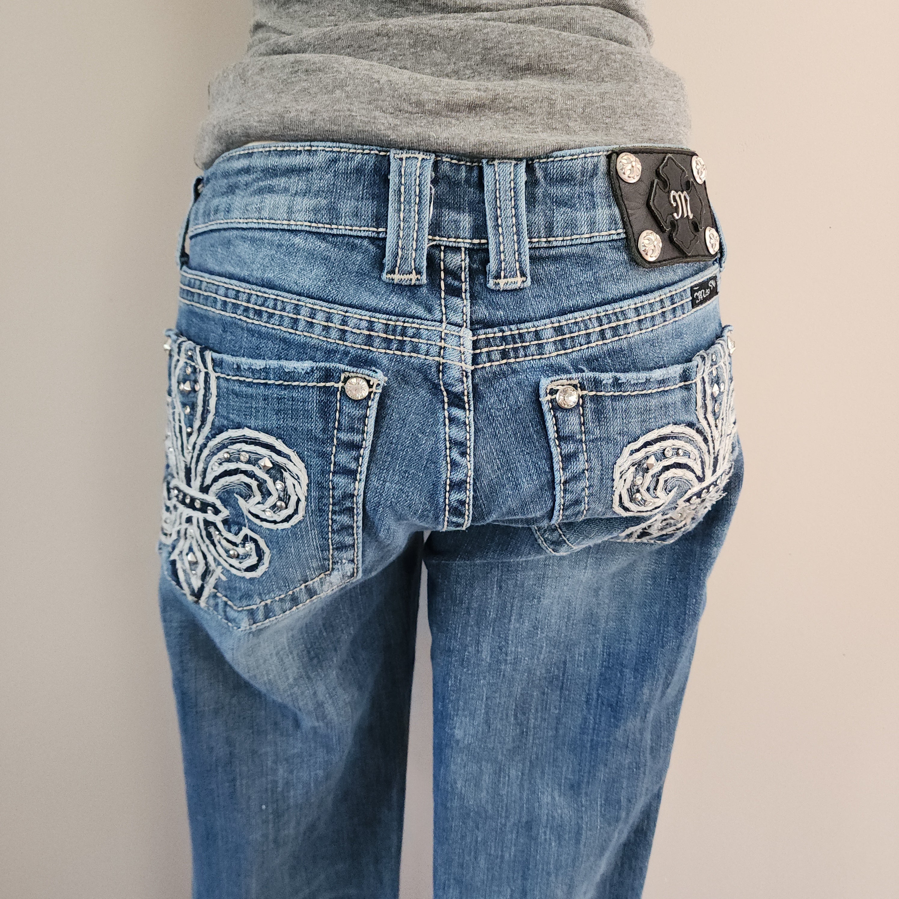 Y2K Miss Me Low Rise Light Wash Distressed Cathedral Embellished Bootcut Denim Jeans